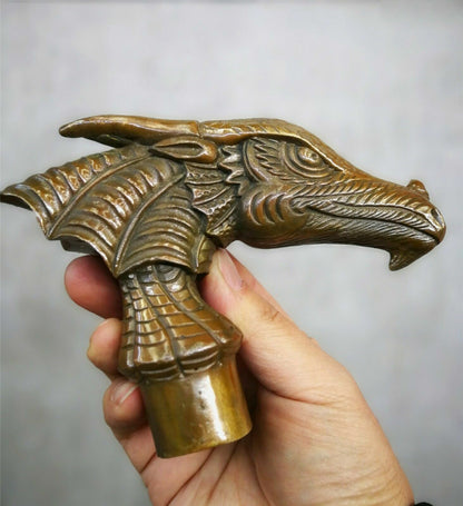 Old Bronze Brown Patina Dragon Dinosaur Beast statue Cane Walking Stick Head