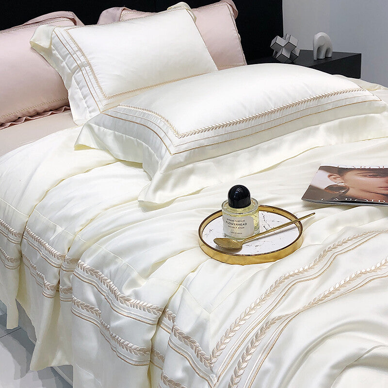 Bedding Set 4pcs Silk Cotton Embroidery Duvet Cover Flat Sheet 2 Pillowcases