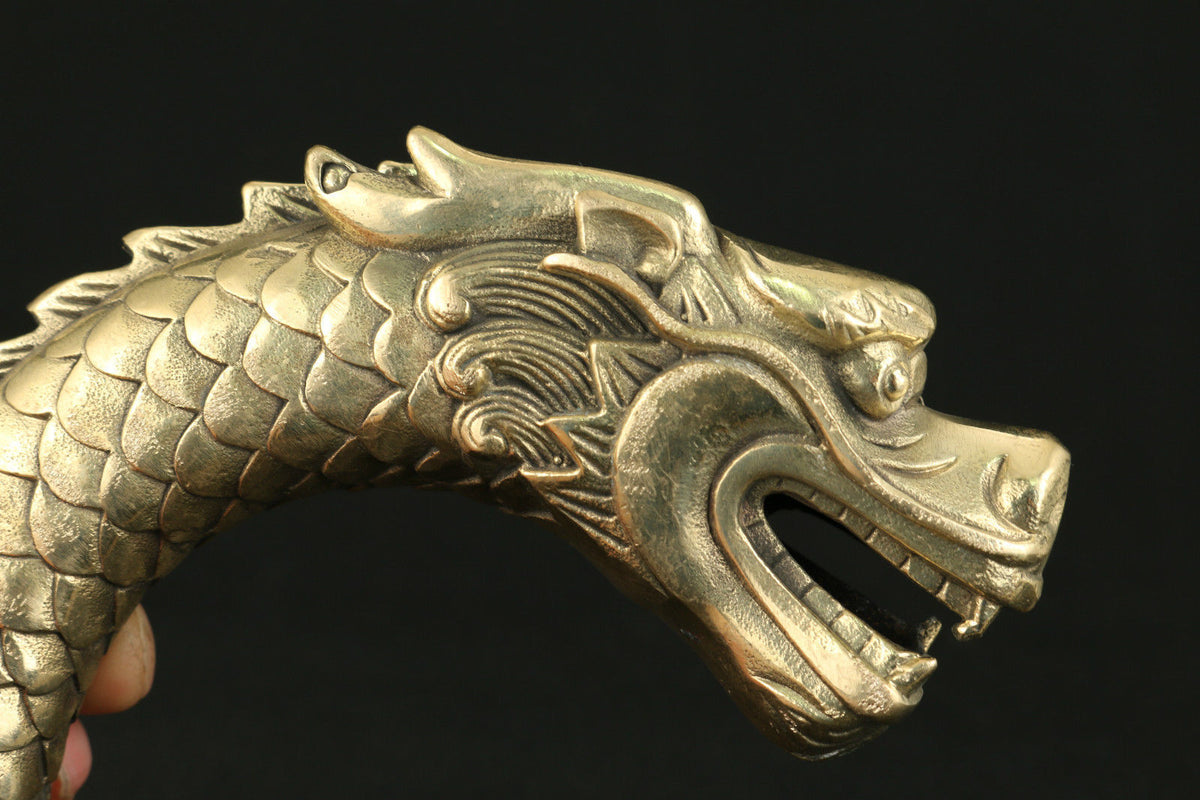 CHINESE OLD COPPER HAND CARVED FEROCITY DRAGON STATUE WALKING STICK HEAD