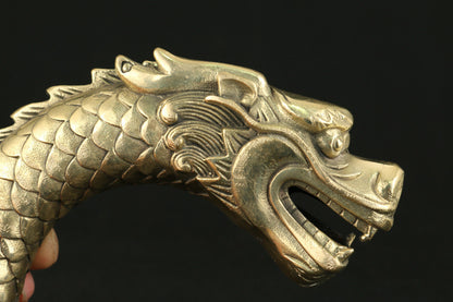 CHINESE OLD COPPER HAND CARVED FEROCITY DRAGON STATUE WALKING STICK HEAD