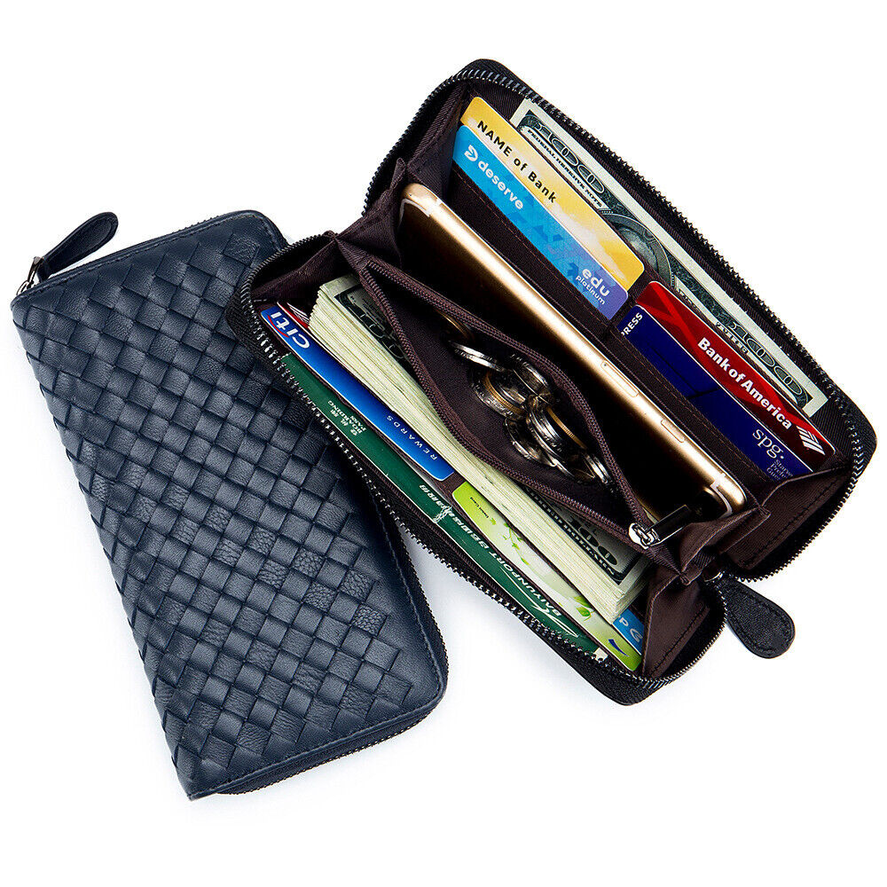 Sheepskin Leather Clutch Wallets Men's Zipper Long Weaving Bag Card/Phone Holder