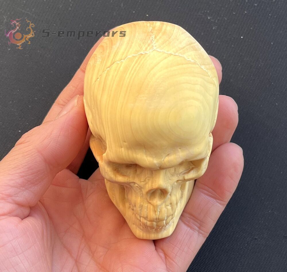 Boxwood Carved Skull Statue Hand Carving Wood Art Sculpture Decor