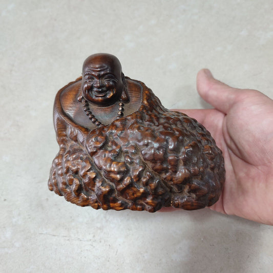 Wood carving buddha statue buddhism good fortune Amitabha fat happy praying art