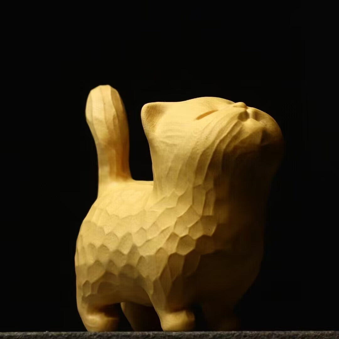 Lovely Boxwood Wood Cat Statue netsuke table decoration hand piece