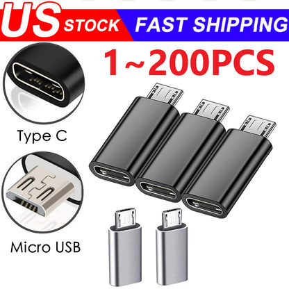 200x Type C Female to Micro USB Male Port Converter Charge Data Sync Adapter Lot