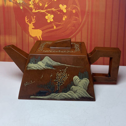 Vintage China Yixing Purple Clay Teapot Zisha Ceremony Painted Landscape Tea Set
