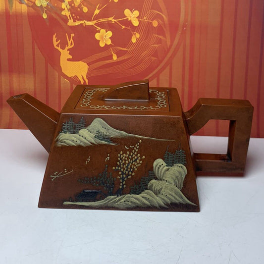 Vintage China Yixing Purple Clay Teapot Zisha Ceremony Painted Landscape Tea Set