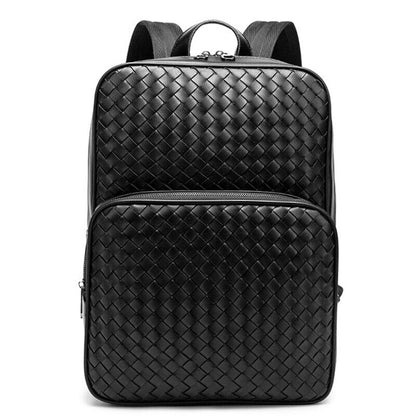Top PU Leather Black Weaving Backpack, Soft Leather Large Capacity Travel Bags