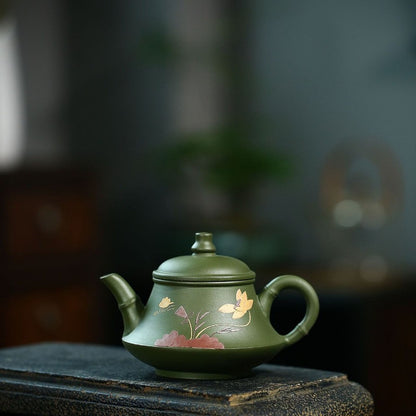 5.4" Yixing Zisha Pottery Green Clay Handmade Lotus Flower Bamboo Tea Pot Teapot