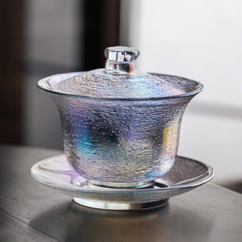 200ml Crystal Glass Gaiwan Hammered Gold Tea Bowl Heat Resistant Kung Fu Tea Set