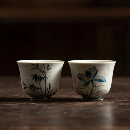50ml Jingdezhen Chinese Hand Painted Bamboo Lotus Teacups Ceramic Kungfu Tea Set