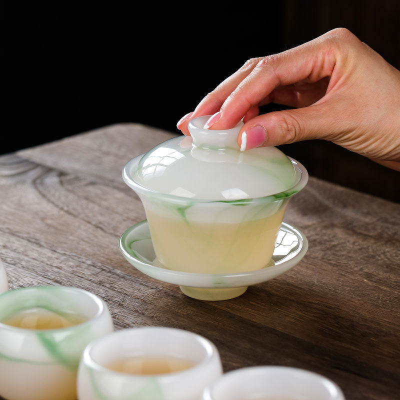 150ml Chinese Kung Fu Green Jade Porcelain Gaiwan Bowl Teacup Set Puer Tea Cup