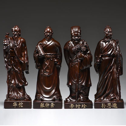 4 Pcs 8" Tall Ebony Wood Carved Statue Traditional Chinese Medicine Practitioner