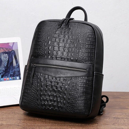 Top Cow Leather Black Men's Backpack, Crocodile Print Breathable Travel Bag