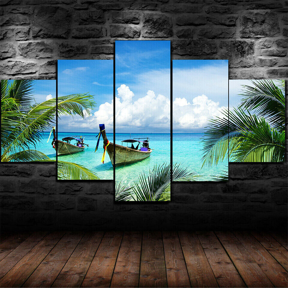 Tropical Beach Boats Island Tree 5 Panel Canvas Print Wall Art Poster Home Decor