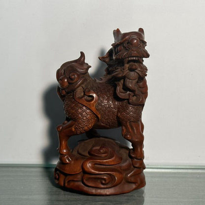 Chinese Boxwood Carving Unicorn Statue Decoration Woodwork Figurines Craft Gift