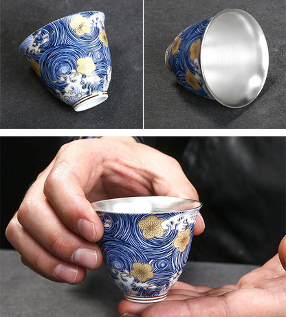 Handmade Teaset Pure Silver Teapot Matching Cup Pitcher Blue-and-white Porcelain