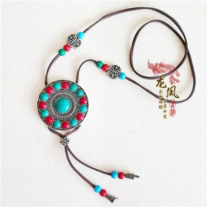 Ethnic Style Leather Rope Sweater Chain Vintage Handmade Long Necklace Boho