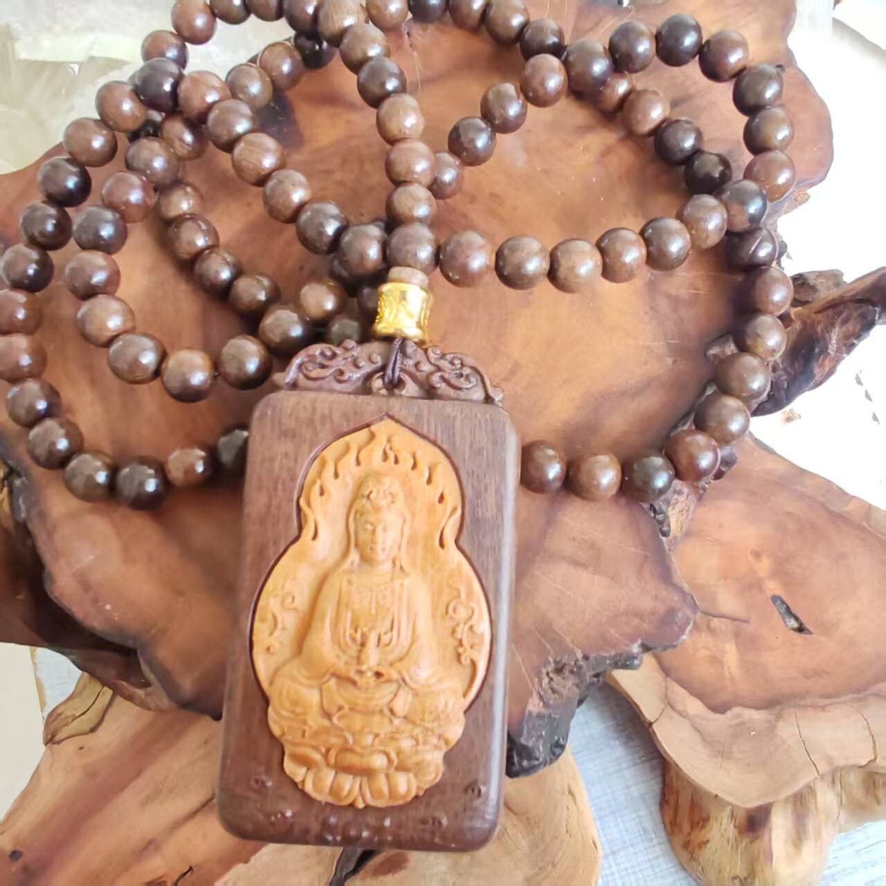 8mm*108 Prayer Beads Natural Wood Guanyin Buddha Lucky Pendant Blessing Necklace