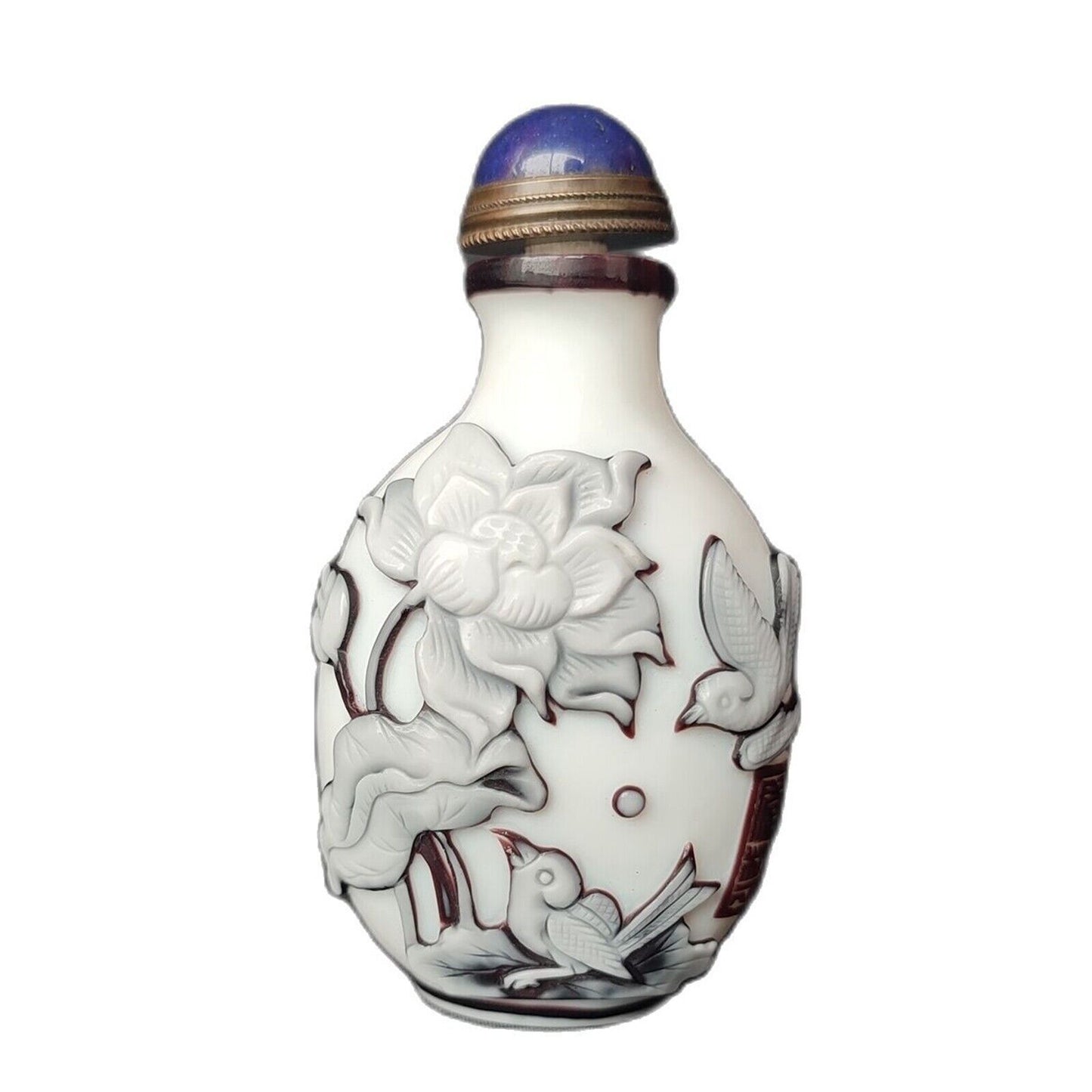 Old Beijing Carved Glass Snuff Bottle Colored Glaze Flower Bird Statue Gifts Art