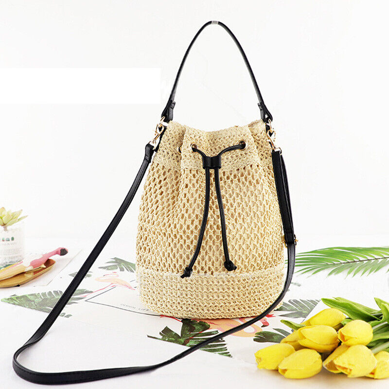 Lady Hand Woven Straw Bag Bucket Bag Beach Bag Shoulder Bag Crossbody Drawstring