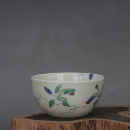 3.1" Chinese Ming Doucai Contrasting Colors Porcelain Green Glaze Flower Cup