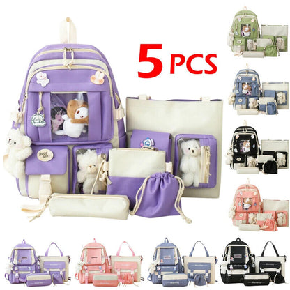 5pcs Sets Kids Backpack Women's Bagpack Bookbag Girls Rucksack Students Bag