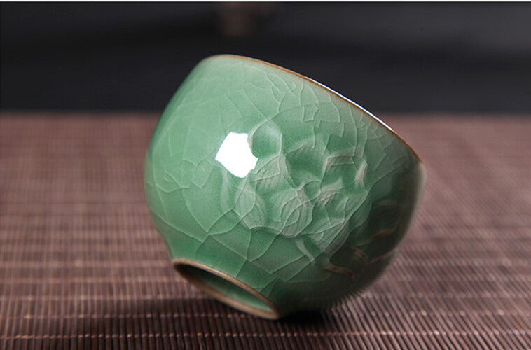 Creative Tea Cup Longquan Celadon Crackle Glaze Porcelain Cup Peony Relief Cups