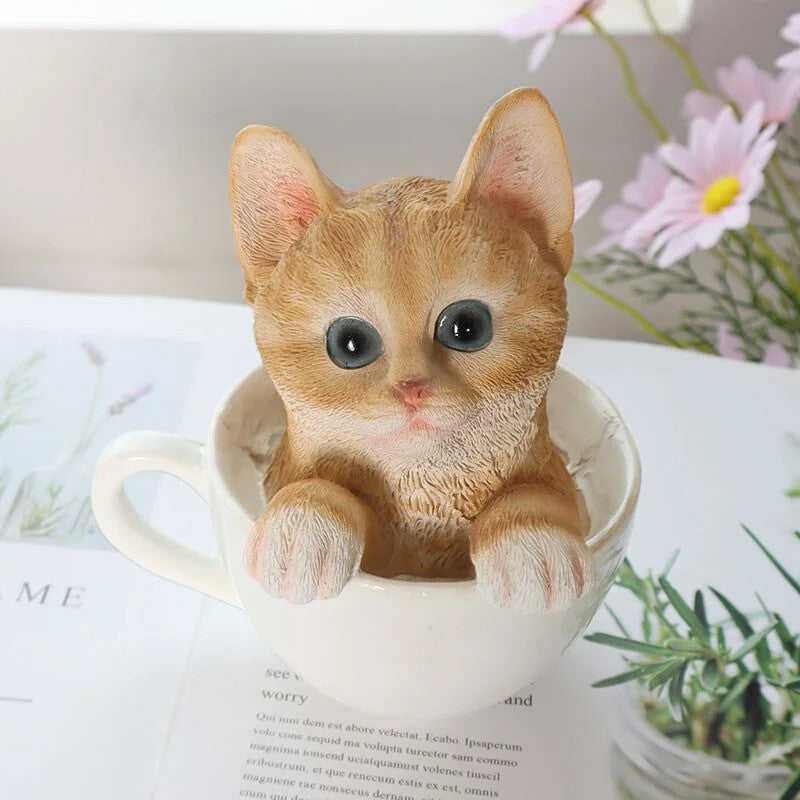 Creative Tea Cup Cat Ornaments Lovely Kitten Resin Room Desktop Decoration