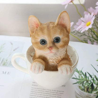 Creative Tea Cup Cat Ornaments Lovely Kitten Resin Room Desktop Decoration