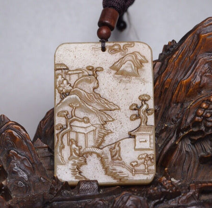 Chinese Natural Hetian Jade Carved Landscape Statues Exquisite Pendant Jewelry