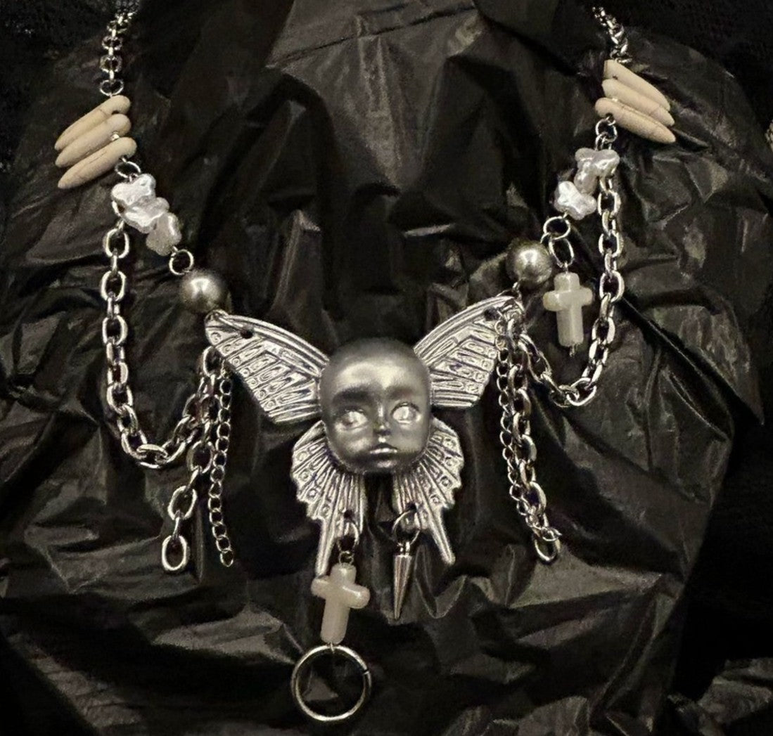 Heavy Duty Cyberpunk Silver Butterfly Doll Head Multi-Layer Necklace