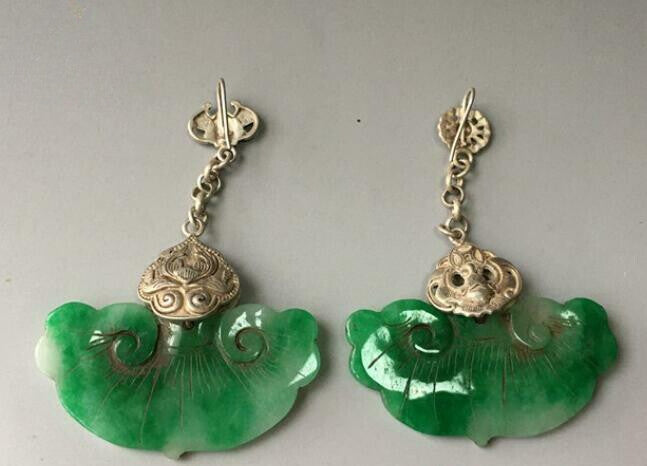 A Pair Chinese Antique Earrings Inlaid Natural Jade and Silver Lucky Jewelry