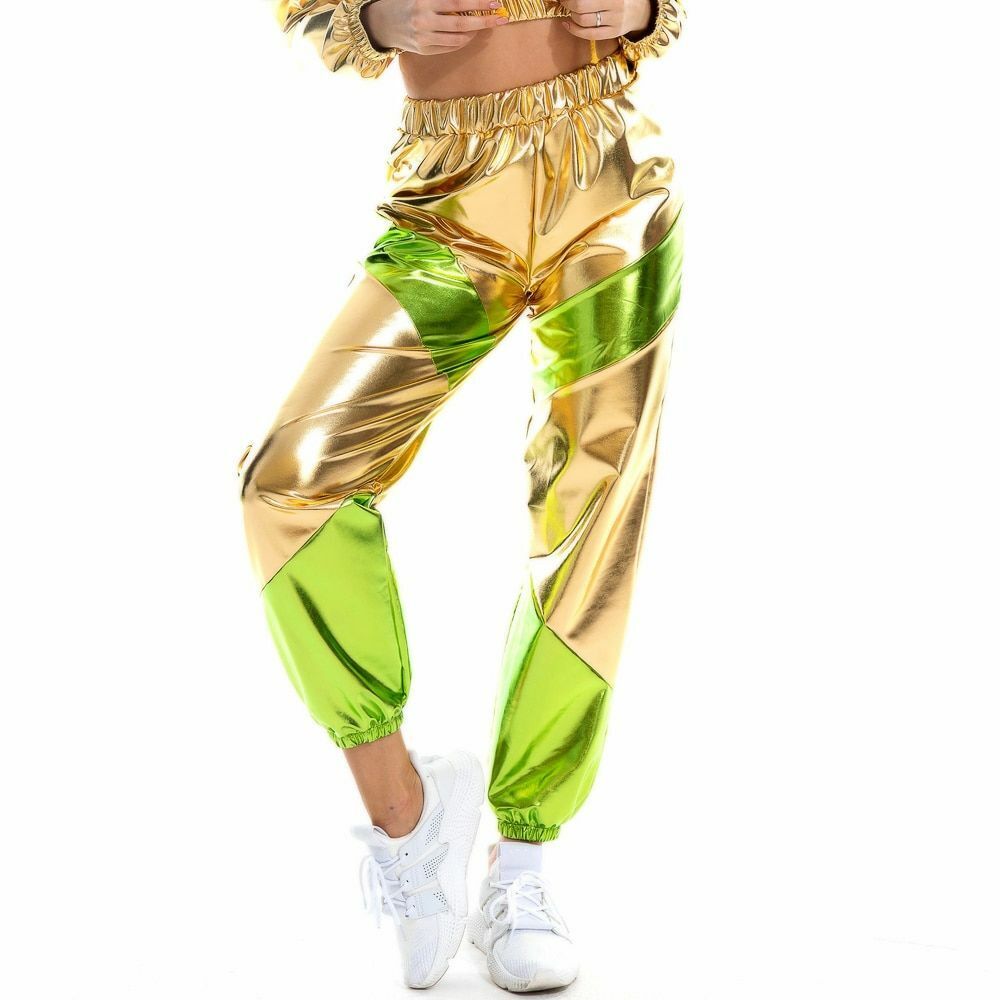 Women Pants Long Pockets High Waist Loose Holographic Patchwork Trousers Jogger