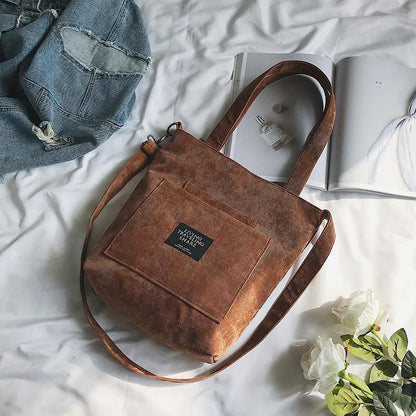 Women Corduroy Shoulder Bag Striped Cloth Handbag Zip Tote Canvas Crossbody Bags