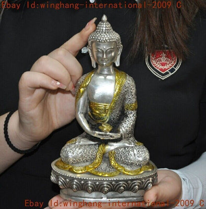 Old Tibet Buddhism Tibetan Silver Gilt Shakyamuni Medicine Buddha Buddha Statue