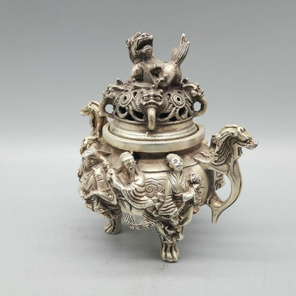 Stamp Tibet Silver Dragon Lion 8 God Tripod Incense Burner Censer Statue