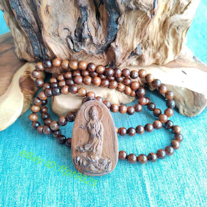 108 Natural Wood Prayer Beads Necklace Guanyin Carving Pendant Blessing Jewelry