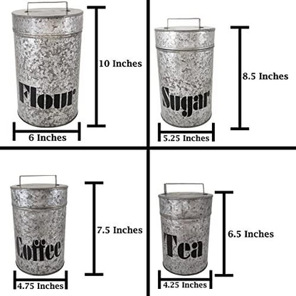 4 Set Galvanized Metal Kitchen Storage Canisters w\ Lids-Labeled w\ diff labels
