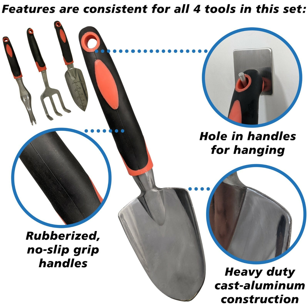 Set of 4 Gardening Tool Set - Cultivator, Transplant & Hand Trowel, Weed Puller