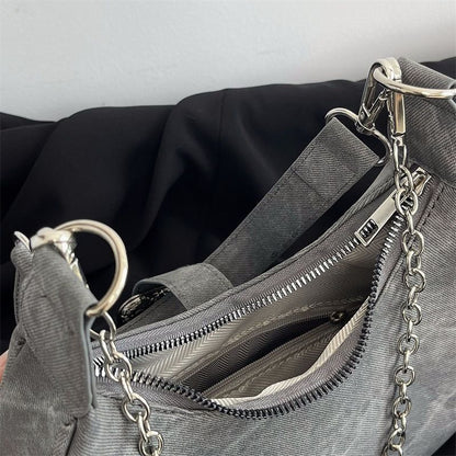 Frosted Polyester Shoulder Bag Vintage Chain Zipper Purse Versatile Handbag 1 Pc