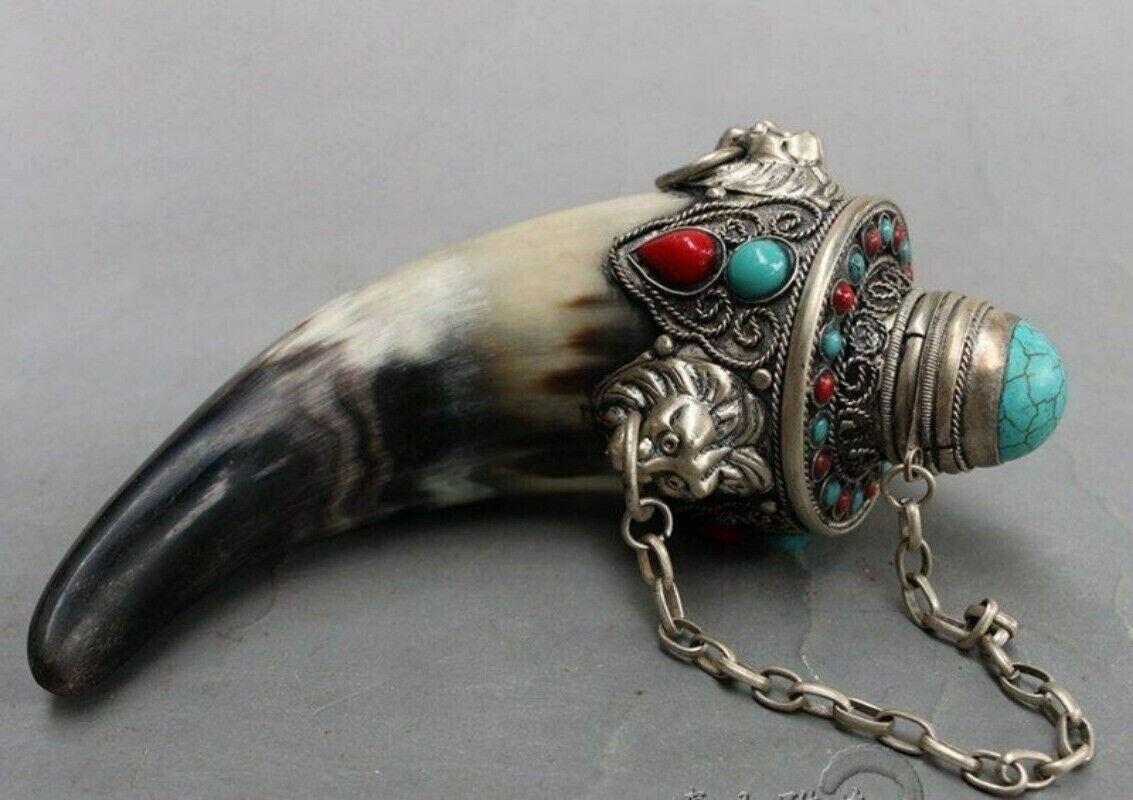 Chinese Old Buffalo Horn Bottle Turquoise White Copper Collection