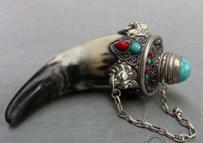 Chinese Old Buffalo Horn Bottle Turquoise White Copper Collection