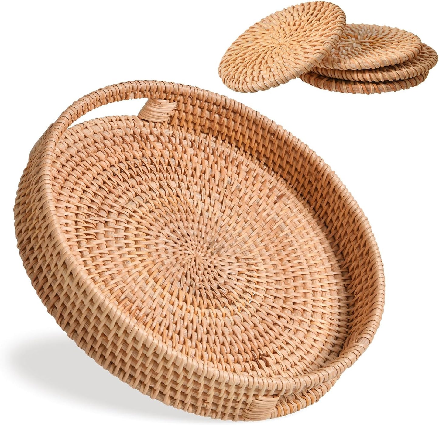 Large Round Rattan Serving Tray with 4 Coasters Coffee Table Home Decor 5 Pcs