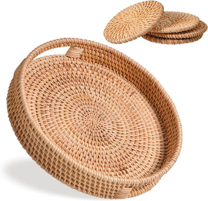 Large Round Rattan Serving Tray with 4 Coasters Coffee Table Home Decor 5 Pcs