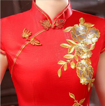 New Red Chinese Womens Embroidery Evening Party Dress Long Cheongsam Qi Pao Sz