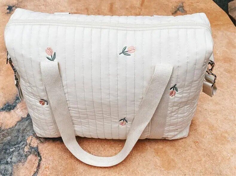 Flower Embroidery Pattern Baby Beige Zipper Diaper Handbag Luggage Bag
