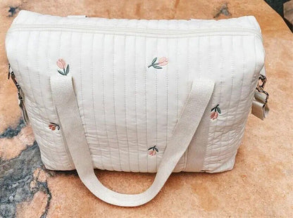 Flower Embroidery Pattern Baby Beige Zipper Diaper Handbag Luggage Bag