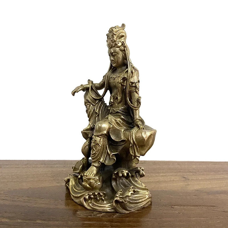 12.3cm Bronze Handcarved Leisurely Guan Yin Buddha Statue Collection Ornament