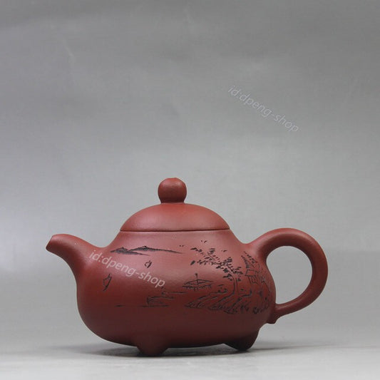 China Yixing Zisha Pottery Plain Cement Clay Carving Landscape Tripodia Teapot